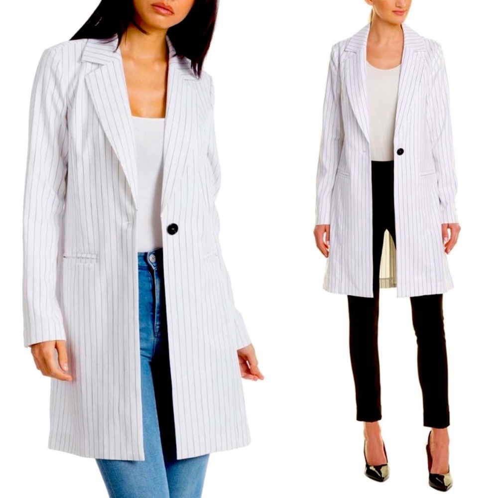 NWT Avec Les Filles Black/White Pinstriped Long Blazer Relaxed Fit Lightweight